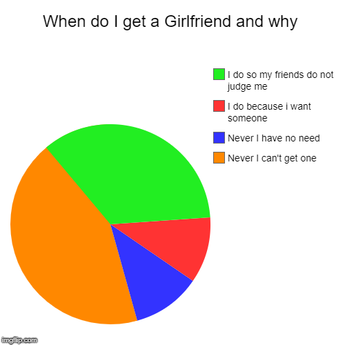 When do I get a Girlfriend and why | Never I can't get one, Never I have no need, I do because i want someone, I do so my friends do not jud | image tagged in funny,pie charts | made w/ Imgflip chart maker