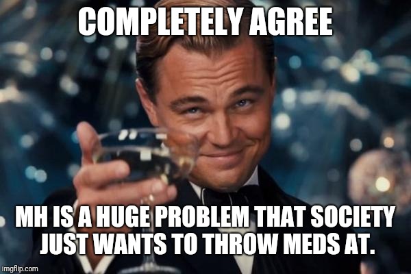 Leonardo Dicaprio Cheers Meme | COMPLETELY AGREE MH IS A HUGE PROBLEM THAT SOCIETY JUST WANTS TO THROW MEDS AT. | image tagged in memes,leonardo dicaprio cheers | made w/ Imgflip meme maker