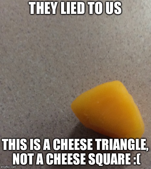 They lied to us | THEY LIED TO US; THIS IS A CHEESE TRIANGLE, NOT A CHEESE SQUARE :( | image tagged in the moment you realize | made w/ Imgflip meme maker