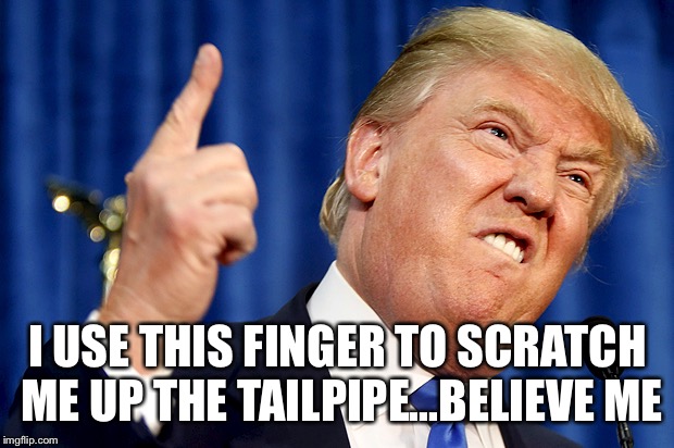 Donald Trump | I USE THIS FINGER TO SCRATCH ME UP THE TAILPIPE...BELIEVE ME | image tagged in donald trump | made w/ Imgflip meme maker