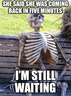 Waiting Skeleton Meme | SHE SAID SHE WAS COMING BACK IN FIVE MINUTES; I’M STILL WAITING | image tagged in memes,waiting skeleton | made w/ Imgflip meme maker