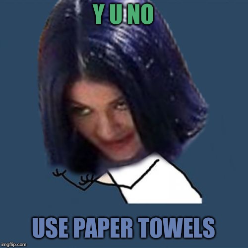 Kylie Y U No | Y U NO USE PAPER TOWELS | image tagged in kylie y u no | made w/ Imgflip meme maker