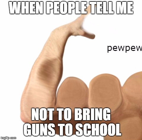 WHEN PEOPLE TELL ME; NOT TO BRING GUNS TO SCHOOL | image tagged in school,school shooting,guns,gun control | made w/ Imgflip meme maker