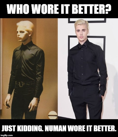 Nice try, kid. | WHO WORE IT BETTER? JUST KIDDING. NUMAN WORE IT BETTER. | image tagged in gary numan,justin bieber,humor | made w/ Imgflip meme maker