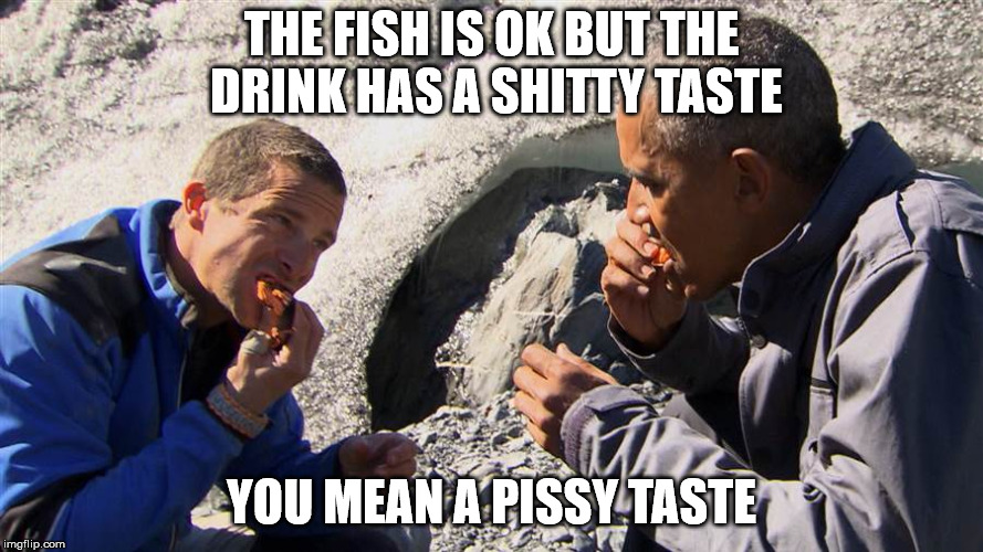 Bear Grylls and Obama  | THE FISH IS OK BUT THE DRINK HAS A SHITTY TASTE; YOU MEAN A PISSY TASTE | image tagged in bear grylls,obama,bear grylls and obama,fish,meme,funny | made w/ Imgflip meme maker