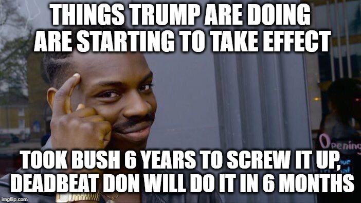 Roll Safe Think About It Meme | THINGS TRUMP ARE DOING ARE STARTING TO TAKE EFFECT TOOK BUSH 6 YEARS TO SCREW IT UP, DEADBEAT DON WILL DO IT IN 6 MONTHS | image tagged in memes,roll safe think about it | made w/ Imgflip meme maker