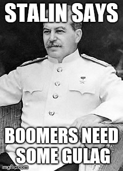 Why? For shitty memes of course! | STALIN SAYS; BOOMERS NEED SOME GULAG | image tagged in joseph stalin sitting,memes,gulag,scumbag baby boomers,stalin says | made w/ Imgflip meme maker