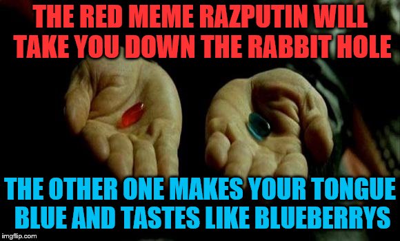THE RED MEME RAZPUTIN WILL TAKE YOU DOWN THE RABBIT HOLE THE OTHER ONE MAKES YOUR TONGUE BLUE AND TASTES LIKE BLUEBERRYS | made w/ Imgflip meme maker