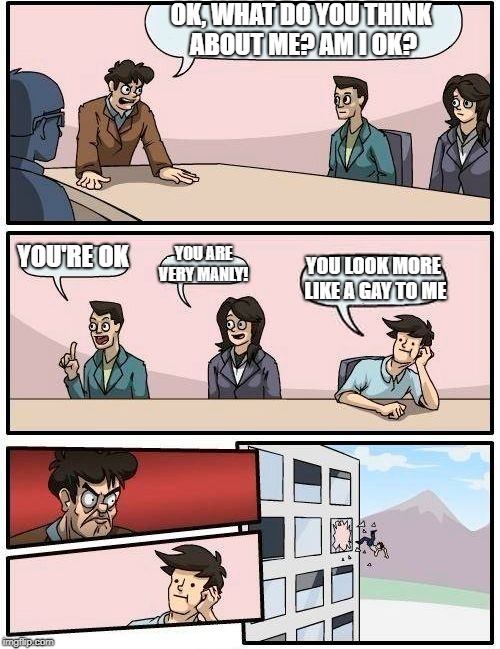 Boardroom Meeting Suggestion Meme | OK, WHAT DO YOU THINK ABOUT ME? AM I OK? YOU'RE OK; YOU ARE VERY MANLY! YOU LOOK MORE LIKE A GAY TO ME | image tagged in memes,boardroom meeting suggestion | made w/ Imgflip meme maker