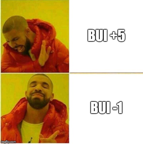 Drake Hotline approves |  BUI +5; BUI -1 | image tagged in drake hotline approves | made w/ Imgflip meme maker
