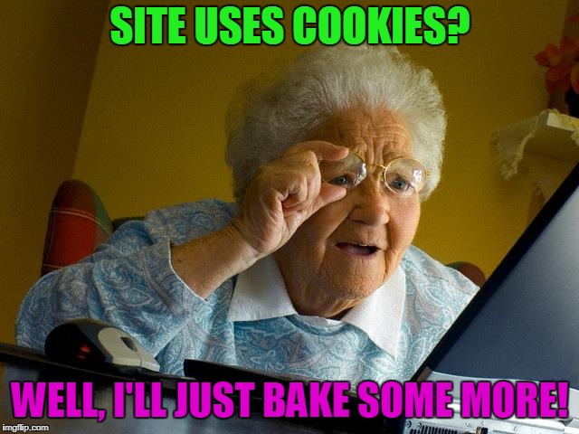 Long Story Short, Grandma Has Been Baking For Days! | SITE USES COOKIES? WELL, I'LL JUST BAKE SOME MORE! | image tagged in memes,grandma finds the internet | made w/ Imgflip meme maker