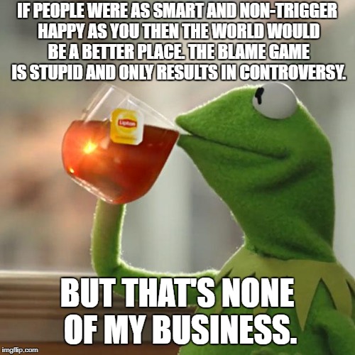 But That's None Of My Business Meme | IF PEOPLE WERE AS SMART AND NON-TRIGGER HAPPY AS YOU THEN THE WORLD WOULD BE A BETTER PLACE. THE BLAME GAME IS STUPID AND ONLY RESULTS IN CO | image tagged in memes,but thats none of my business,kermit the frog | made w/ Imgflip meme maker