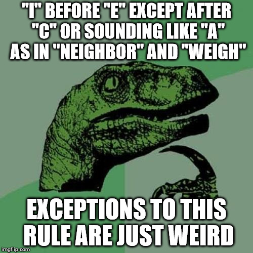 Philosoraptor muses upon spelling | "I" BEFORE "E" EXCEPT AFTER "C" OR SOUNDING LIKE "A" AS IN "NEIGHBOR" AND "WEIGH"; EXCEPTIONS TO THIS RULE ARE JUST WEIRD | image tagged in memes,philosoraptor,weird,hojocat | made w/ Imgflip meme maker