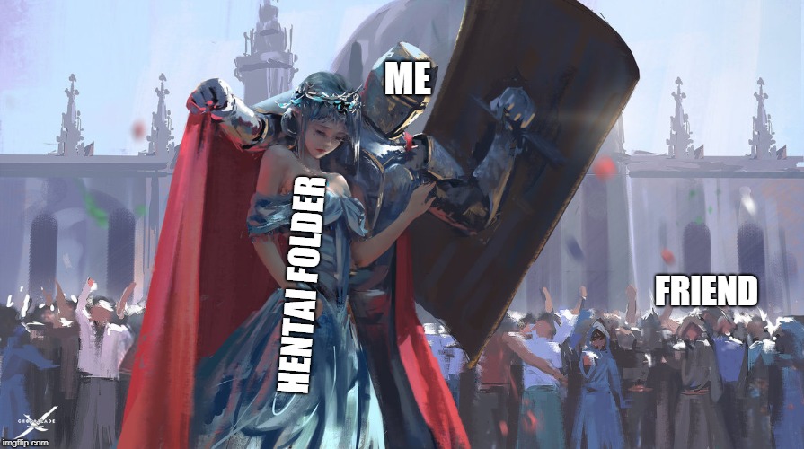 ME; HENTAI FOLDER; FRIEND | image tagged in knight protecting princess | made w/ Imgflip meme maker