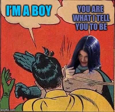 Kylie Slapping Robin | I’M A BOY YOU ARE WHAT I TELL YOU TO BE | image tagged in kylie slapping robin | made w/ Imgflip meme maker