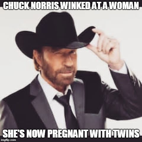 Chuck Norris winked | CHUCK NORRIS WINKED AT A WOMAN; SHE'S NOW PREGNANT WITH TWINS | image tagged in chuck norris,memes,wink,funny memes | made w/ Imgflip meme maker