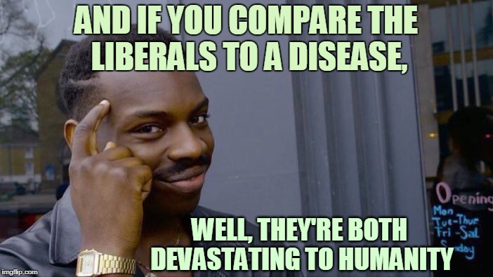 Roll Safe Think About It Meme | AND IF YOU COMPARE THE LIBERALS TO A DISEASE, WELL, THEY'RE BOTH DEVASTATING TO HUMANITY | image tagged in memes,roll safe think about it | made w/ Imgflip meme maker