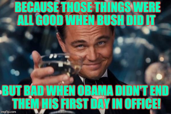 Leonardo Dicaprio Cheers Meme | BECAUSE THOSE THINGS WERE     ALL GOOD WHEN BUSH DID IT BUT BAD WHEN OBAMA DIDN'T END THEM HIS FIRST DAY IN OFFICE! | image tagged in memes,leonardo dicaprio cheers | made w/ Imgflip meme maker