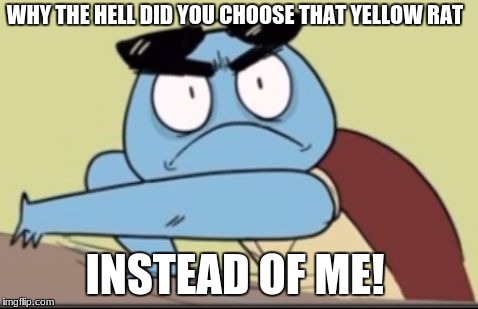 WHY THE HELL DID YOU CHOOSE THAT YELLOW RAT; INSTEAD OF ME! | image tagged in angry squirtle | made w/ Imgflip meme maker