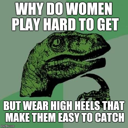 Philosoraptor Meme | WHY DO WOMEN PLAY HARD TO GET; BUT WEAR HIGH HEELS THAT MAKE THEM EASY TO CATCH | image tagged in memes,philosoraptor | made w/ Imgflip meme maker