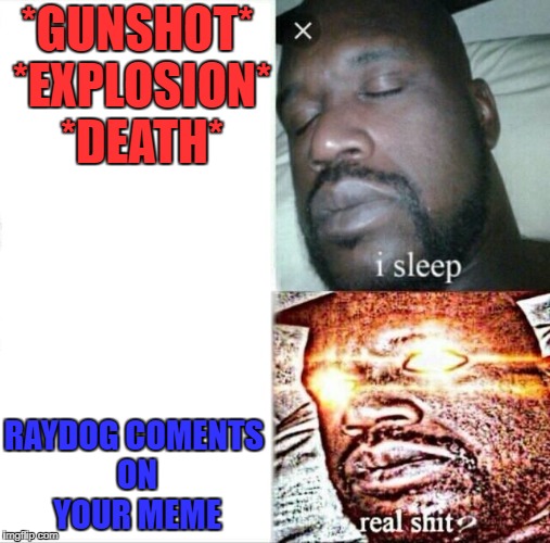 Sleeping Shaq Meme | *GUNSHOT* *EXPLOSION* *DEATH*; RAYDOG COMENTS ON YOUR MEME | image tagged in memes,sleeping shaq | made w/ Imgflip meme maker