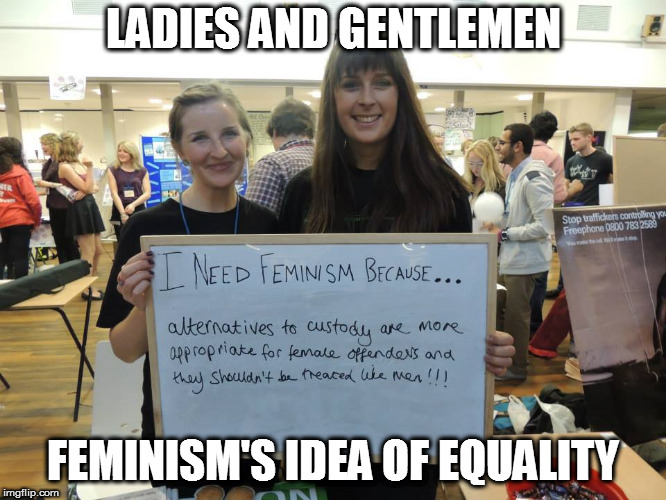 Women are apparently too weak to be held responsible. | LADIES AND GENTLEMEN; FEMINISM'S IDEA OF EQUALITY | image tagged in memes,political,feminism is cancer | made w/ Imgflip meme maker