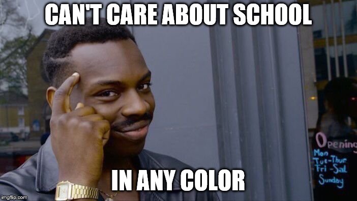 Roll Safe Think About It Meme | CAN'T CARE ABOUT SCHOOL IN ANY COLOR | image tagged in memes,roll safe think about it | made w/ Imgflip meme maker