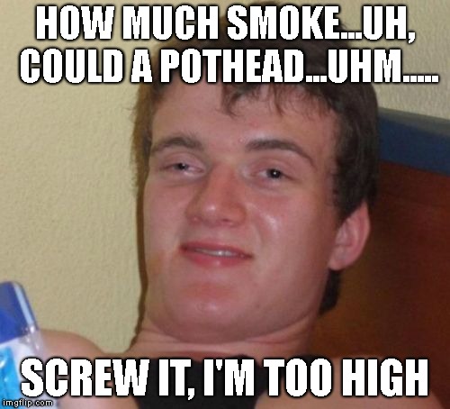 10 Guy Meme | HOW MUCH SMOKE...UH, COULD A POTHEAD...UHM..... SCREW IT, I'M TOO HIGH | image tagged in memes,10 guy | made w/ Imgflip meme maker