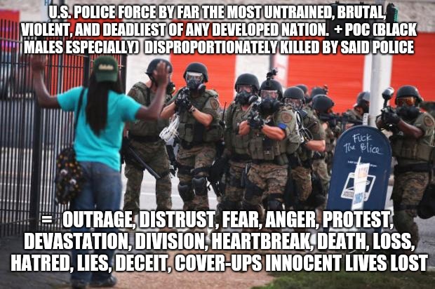 Us police | U.S. POLICE FORCE BY FAR THE MOST UNTRAINED, BRUTAL, VIOLENT, AND DEADLIEST OF ANY DEVELOPED NATION. 
+
POC (BLACK MALES ESPECIALLY)  DISPROPORTIONATELY KILLED BY SAID POLICE; =  
OUTRAGE, DISTRUST, FEAR, ANGER, PROTEST, DEVASTATION, DIVISION, HEARTBREAK, DEATH, LOSS, HATRED, LIES, DECEIT, COVER-UPS INNOCENT LIVES LOST | image tagged in us police | made w/ Imgflip meme maker