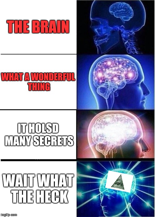 Expanding Brain Meme | THE BRAIN; WHAT A WONDERFUL THING; IT HOLSD MANY SECRETS; WAIT WHAT THE HECK | image tagged in memes,expanding brain | made w/ Imgflip meme maker