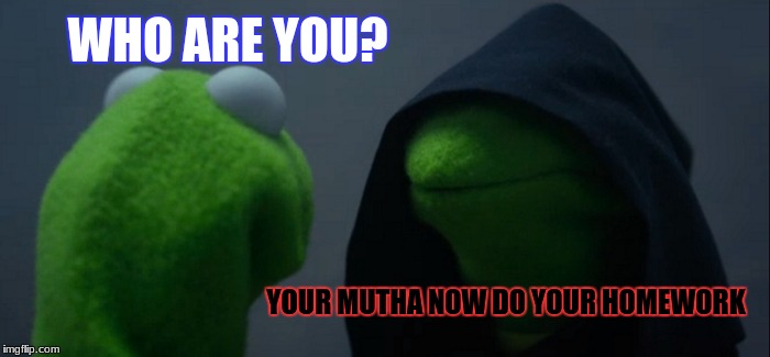 Evil Kermit Meme | WHO ARE YOU? YOUR MUTHA NOW DO YOUR HOMEWORK | image tagged in memes,evil kermit | made w/ Imgflip meme maker