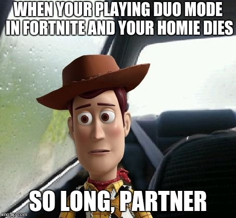 Introspective Woody | WHEN YOUR PLAYING DUO MODE IN FORTNITE AND YOUR HOMIE DIES; SO LONG, PARTNER | image tagged in introspective woody | made w/ Imgflip meme maker