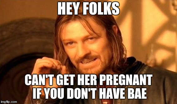 One Does Not Simply Meme | HEY FOLKS; CAN'T GET HER PREGNANT IF YOU DON'T HAVE BAE | image tagged in memes,one does not simply | made w/ Imgflip meme maker