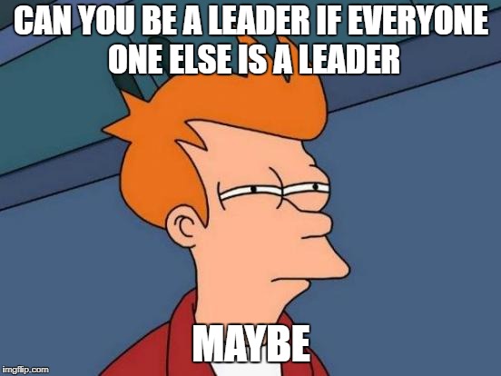 Futurama Fry | CAN YOU BE A LEADER IF EVERYONE ONE ELSE IS A LEADER; MAYBE | image tagged in memes,futurama fry | made w/ Imgflip meme maker