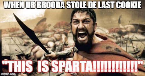 Sparta Leonidas | WHEN UR BROODA STOLE DE LAST COOKIE; "THIS  IS SPARTA!!!!!!!!!!!!" | image tagged in memes,sparta leonidas | made w/ Imgflip meme maker