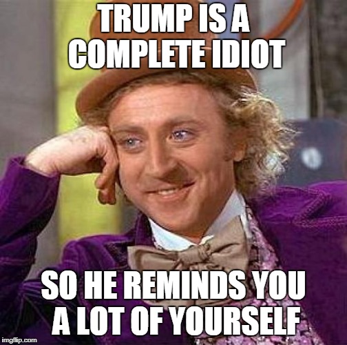 Creepy Condescending Wonka Meme | TRUMP IS A COMPLETE IDIOT; SO HE REMINDS YOU A LOT OF YOURSELF | image tagged in memes,creepy condescending wonka | made w/ Imgflip meme maker