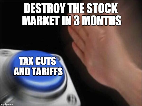 Blank Nut Button Meme | DESTROY THE STOCK MARKET IN 3 MONTHS; TAX CUTS AND TARIFFS | image tagged in memes,blank nut button | made w/ Imgflip meme maker