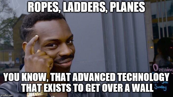 Roll Safe Think About It Meme | ROPES, LADDERS, PLANES YOU KNOW, THAT ADVANCED TECHNOLOGY THAT EXISTS TO GET OVER A WALL | image tagged in memes,roll safe think about it | made w/ Imgflip meme maker