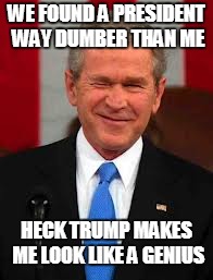 George Bush | WE FOUND A PRESIDENT WAY DUMBER THAN ME; HECK TRUMP MAKES ME LOOK LIKE A GENIUS | image tagged in memes,george bush | made w/ Imgflip meme maker