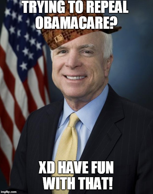John McCain | TRYING TO REPEAL OBAMACARE? XD HAVE FUN WITH THAT! | image tagged in john mccain,scumbag | made w/ Imgflip meme maker