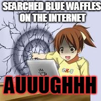 Anime wall punch | SEARCHED BLUE WAFFLES ON THE INTERNET; AUUUGHHH | image tagged in anime wall punch | made w/ Imgflip meme maker