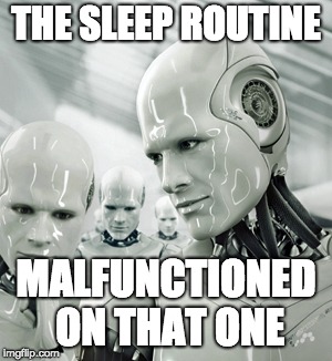 Robots Meme | THE SLEEP ROUTINE; MALFUNCTIONED ON THAT ONE | image tagged in memes,robots | made w/ Imgflip meme maker