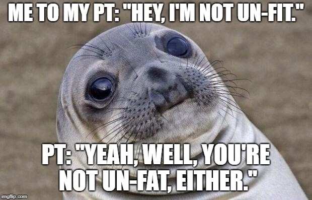 Awkward Moment Sealion Meme | ME TO MY PT: "HEY, I'M NOT UN-FIT."; PT: "YEAH, WELL, YOU'RE NOT UN-FAT, EITHER." | image tagged in memes,awkward moment sealion,AdviceAnimals | made w/ Imgflip meme maker