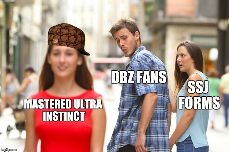 Distracted DBZ fans |  DBZ FANS; SSJ FORMS; MASTERED ULTRA INSTINCT | image tagged in memes,distracted boyfriend,scumbag,dbz | made w/ Imgflip meme maker