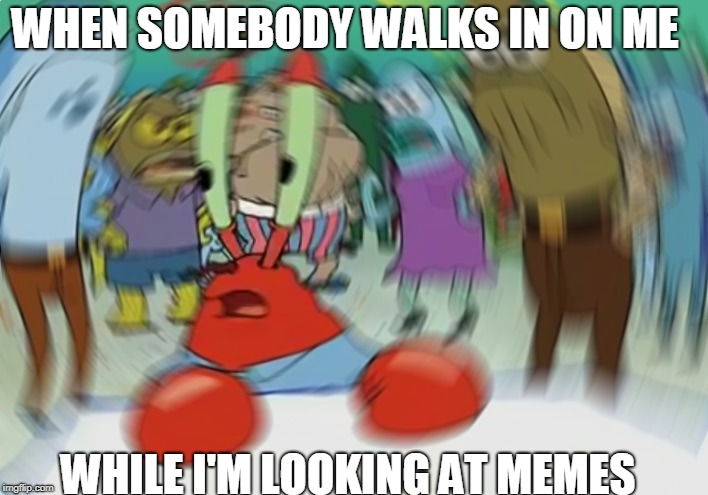 Really have nothing to do so i made this meme | WHEN SOMEBODY WALKS IN ON ME; WHILE I'M LOOKING AT MEMES | image tagged in memes,mr krabs blur meme | made w/ Imgflip meme maker