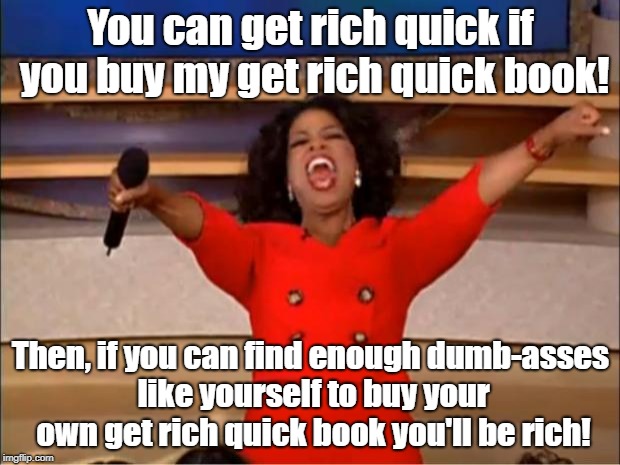Oprah You Get A Meme | You can get rich quick if you buy my get rich quick book! Then, if you can find enough dumb-asses like yourself to buy your own get rich quick book you'll be rich! | image tagged in memes,oprah you get a | made w/ Imgflip meme maker