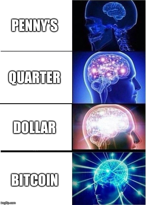 Expanding Brain | PENNY'S; QUARTER; DOLLAR; BITCOIN | image tagged in memes,expanding brain | made w/ Imgflip meme maker