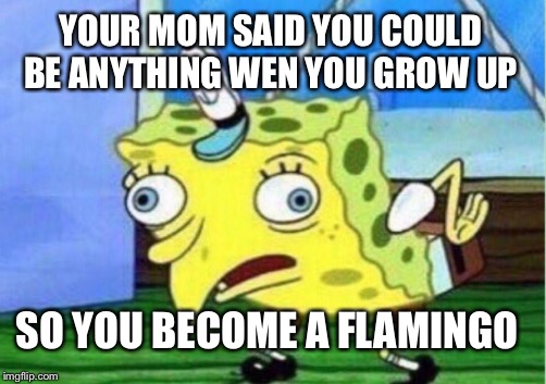 Mocking Spongebob | YOUR MOM SAID YOU COULD BE ANYTHING WEN YOU GROW UP; SO YOU BECOME A FLAMINGO | image tagged in memes,mocking spongebob | made w/ Imgflip meme maker