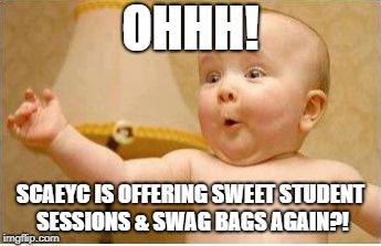 Excited Baby | OHHH! SCAEYC IS OFFERING SWEET STUDENT SESSIONS & SWAG BAGS AGAIN?! | image tagged in excited baby | made w/ Imgflip meme maker