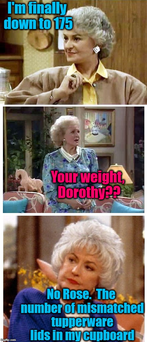 You gotta love the Golden Girls! LOL | I'm finally down to 175; Your weight, Dorothy?? No Rose.  The number of mismatched tupperware lids in my cupboard | image tagged in golden girls | made w/ Imgflip meme maker